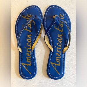 American Eagle Outfitters Women's Blue Gold Logo Thong Flip Flops Sandals Size 7